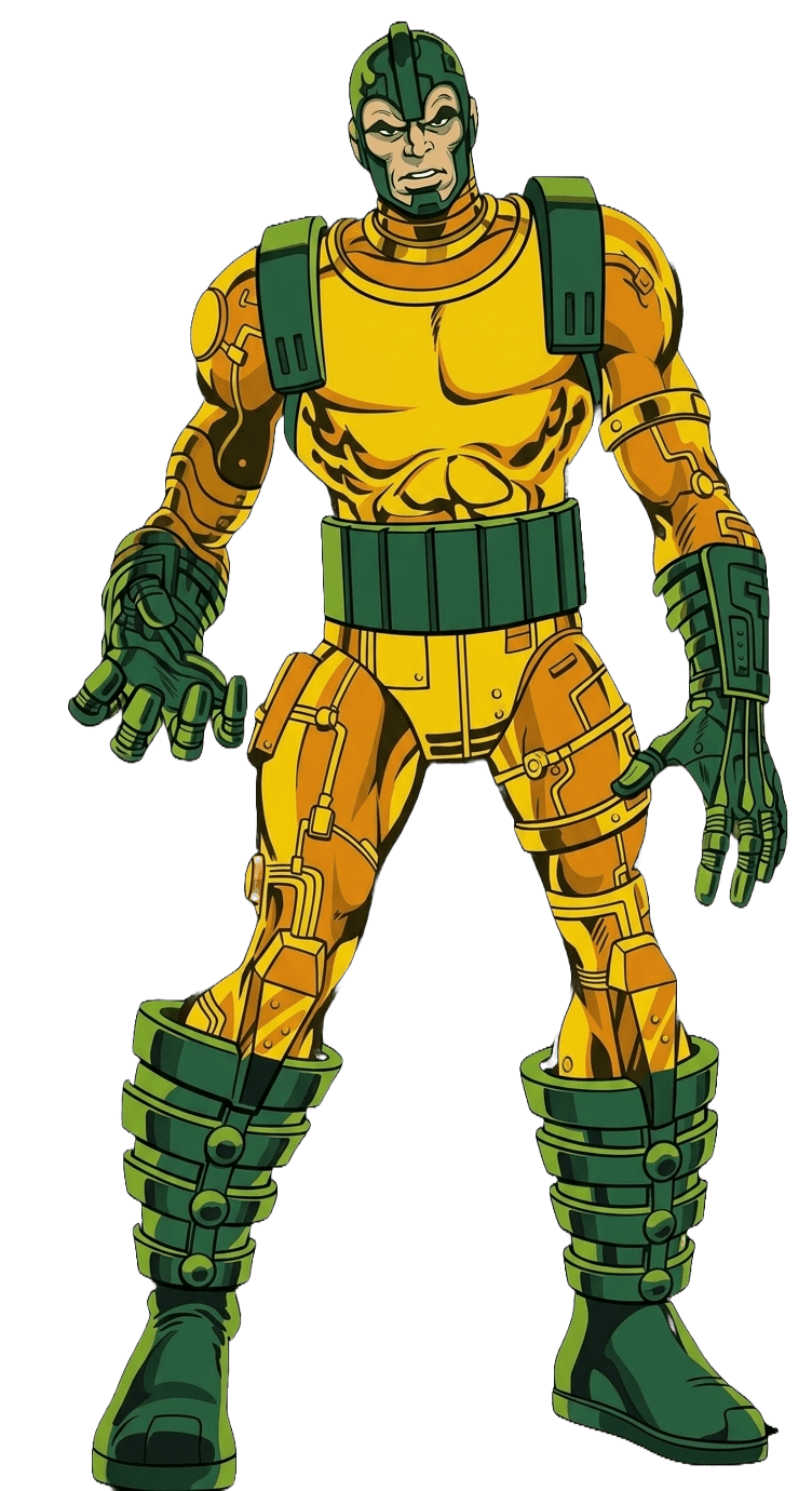 Professor Power in his yellow and green battle armor